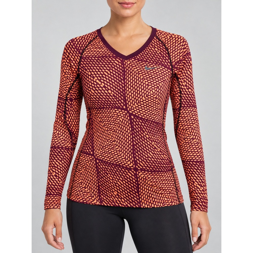 Nike Pro Dri-FIT Top Women M Orange Burgundy Geometric V-Neck Gym Running
